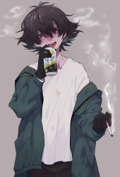  1boy absurdres alcohol black_gloves black_hair black_pants blush can dirty dirty_clothes gloves green_jacket grey_background hair_between_eyes highres holding holding_can jacket joxter long_sleeves looking_at_viewer male_focus messy_hair moomin off_shoulder open_clothes open_jacket open_mouth osasimiyabai pants saliva shirt simple_background smoke smoking solo strong_zero sweat tongue white_shirt 