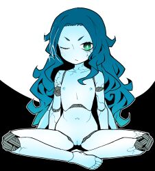  1girl absurdres akableak barefoot blue_eyes blue_hair blue_skin cleft_of_venus closed_mouth colored_skin cracked_skin doll_joints elden_ring extra_arms flat_chest from_software green_eyes highres indian_style joints loli long_hair looking_at_viewer navel nipples nude one_eye_closed pussy ranni_the_witch simple_background sitting solo 