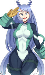  1girl absurdres arm_up artist_name blue_bodysuit blue_eyes blue_hair bodysuit boku_no_hero_academia breasts collarbone covered_collarbone covered_navel devilukez drill_hair eyebrows gloves hadou_nejire highres large_breasts light_blue_hair long_hair looking_at_viewer open_mouth simple_background solo standing teeth thick_thighs thigh_strap thighs tight_clothes tongue very_long_hair white_background  rating:General score:35 user:pingato