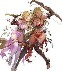  2girls armpits blonde_hair bow_(weapon) breasts brown_thighhighs cleavage dagger damaged dark-skinned_female dark_skin earrings ekao fire_emblem fire_emblem:_the_binding_blade fire_emblem:_the_blazing_blade fire_emblem_heroes hair_ornament highres holding holding_bow_(weapon) holding_dagger holding_knife holding_weapon igrene_(fire_emblem) igrene_(sworn_protector)_(fire_emblem) jewelry knife large_breasts lipstick long_hair looking_at_viewer louise_(fire_emblem) louise_(sworn_protector)_(fire_emblem) makeup medium_breasts multiple_girls necklace nintendo non-web_source official_alternate_costume official_art one_eye_closed pelvic_curtain red_lips red_thighhighs tassel tassel_hair_ornament thighhighs toeless_footwear toeless_legwear torn_clothes weapon yellow_eyes 