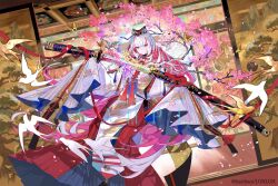  1girl bug butterfly cherry_blossoms cloud_print colored_inner_hair copyright_name drawing_sword expressionless flower fuzichoco highres holding holding_sword holding_weapon insect japanese_clothes kimono long_hair looking_at_object materializing multicolored_hair ootachi original pink_eyes pink_flower pink_rose red_ribbon ribbon rose sample_watermark scabbard sheath shouji simple_bird sleeves_past_wrists sliding_doors solo standing sword watermark weapon white_hair white_kimono 