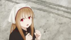 animal_ears brown_hair ears ears_through_headwear excited holo open_mouth red_eyes spice_and_wolf walking wiggling_ears