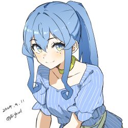  1girl absurdres bigkwl blue_eyes blue_hair blue_shirt blush closed_mouth collarbone commentary_request dated gotland_(kancolle) hair_between_eyes highres kantai_collection long_hair looking_at_viewer mole mole_under_eye one-hour_drawing_challenge ponytail puffy_short_sleeves puffy_sleeves shirt short_sleeves simple_background smile solo striped_clothes striped_shirt twitter_username vertical-striped_clothes vertical-striped_shirt white_background 