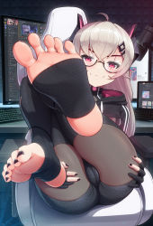 1girl :3 absurdres ahoge animal_ears artist_name ass ass_focus ass_grab black-framed_eyewear black_nails black_thighhighs blush cameltoe chair choker cleft_of_venus closed_mouth computer crossed_bangs discord english_text feet female_focus fingerless_gloves fingernails foot_focus foreshortening full_body glasses gloves grabbing_own_ass hair_between_eyes hair_ornament hairclip highres hood hood_down hooded_jacket horns indie_virtual_youtuber indoors jacket keyboard keyboard_(computer) knees_to_chest knees_together_feet_apart knees_up laptop long_hair looking_at_viewer mechanical_ears mechanical_horns merrytail microphone monitor multiple_monitors nail_polish no_shoes office_chair presenting_feet presenting_foot red_eyes saruei_(vtuber) scar scar_across_eye scar_on_face see-through sitting soles solo stirrup_legwear swivel_chair table thighhighs toeless_legwear toenail_polish toenails twitter virtual_youtuber white_hair rating:Sensitive score:502 user:danbooru