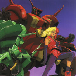 1990s_(style) 1girl boots breasts cable chara_soon commentary cover dvd_cover english_commentary gundam gundam_zz hamma_hamma highres key_visual kitazume_hiroyuki long_hair mecha medium_breasts mobile_suit multicolored_hair neo_zeon official_art one-eyed promotional_art r-jarja retro_artstyle robot scan science_fiction spiked_hair traditional_media uniform vest