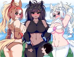  1boy 3girls abs age_difference animal_ears arm_up armpits arms_behind_head ass bare_shoulders black_eyes black_hair black_sports_bra blue_eyes blush braid breasts bridle brown_eyes brown_hair brown_sports_bra brown_thoroughbred_(kemono_friends) buruma chestnut_thoroughbred_(kemono_friends) clothes_lift collarbone constricted_pupils covering_privates covering_breasts dark-skinned_female dark_skin detached_sleeves elbow_gloves extra_ears fingerless_gloves furrowed_brow gloves groin height_difference high_ponytail highres horizontal_pupils horse_ears horse_girl horse_tail impossible_clothes japan_racing_association kemono_friends large_breasts lifted_by_self light_brown_hair long_hair looking_at_another mamiyama mouth_hold multicolored_hair multiple_girls navel nose_blush pantyhose pulled_by_self short_hair shota single_braid skindentation smile sports_bra sports_bra_lift sportswear stomach tail toned two-tone_hair undressing very_long_hair white_hair white_sports_bra white_thoroughbred_(kemono_friends)  rating:Questionable score:57 user:danbooru