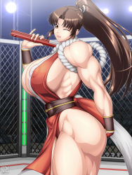  1girl breasts brown_eyes brown_hair extreme_muscles fan female_focus hand_fan highleg highres holding holding_fan japanese_clothes jewelry large_breasts long_hair looking_at_viewer muscular muscular_female ninja nipple_slip nipples one_eye_closed open_mouth ponytail ren_(tainca2000) ring shiranui_mai sideboob smile snk solo standing the_king_of_fighters thick_thighs thighs wink  rating:Explicit score:25 user:byoma1994