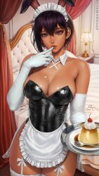 1girl abs apron bare_shoulders bed blurry blurry_background breasts cherry cleavage curvy dark-skinned_female dark_skin detached_collar elbow_gloves finger_to_mouth food fruit gloves highres large_breasts leotard lilith_(saikin_yatotta_maid_ga_ayashii) looking_at_viewer maid maid_apron maid_headdress mole mole_on_breast mole_under_eye multiple_moles plate pudding purple_eyes purple_hair realistic saikin_yatotta_maid_ga_ayashii sciamano240 short_hair smile solo spoon strapless strapless_leotard thick_thighs thighhighs thighs whipped_cream white_thighhighs  rating:Sensitive score:148 user:danbooru