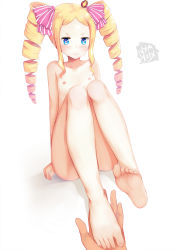10s 1girl artist_name ass barefoot beatrice_(re:zero) blonde_hair blue_eyes butterfly-shaped_pupils closed_mouth collarbone crown drill_hair feet female_focus flat_chest foot_focus full_body gradient_hair hair_ribbon hands_on_feet highres holding_another&#039;s_foot loli long_hair looking_at_viewer multicolored_hair nipples nude nyatrix pink_hair pov re:zero_kara_hajimeru_isekai_seikatsu ribbon simple_background sitting smile soles solo solo_focus symbol-shaped_pupils toes twin_drills white_background rating:Questionable score:221 user:Domestic_Importer