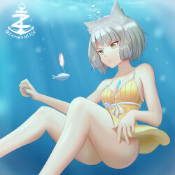  1girl absurdres animal_ears ass blunt_bangs breasts cat_ears chest_jewel cleavage core_crystal_(xenoblade) facial_mark fishing_hook grey_hair highres holding_breath nia_(xenoblade) puffy_cheeks short_hair small_breasts solo swimsuit underwater xenoblade_chronicles_(series) xenoblade_chronicles_2 yellow_eyes zambonito  rating:Sensitive score:5 user:danbooru