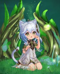  absurdres animal_ears bare_shoulders bloomers bracelet cat_ears cat_girl cat_tail child clenched_hands cross-shaped_pupils dress fang full_body genshin_impact gold_trim gradient_hair green_background green_eyes green_hair hair_ornament highres jewelry kemonomimi_mode leaf loentar long_hair moss multicolored_hair mushroom nahida_(genshin_impact) nekomimi_mode_(tsukuyomi) on_grass open_mouth paw_pose pointy_ears roots seelie_(genshin_impact) side_ponytail sitting solo stirrup_footwear symbol-shaped_pupils tail toeless_footwear underwear wariza white_dress white_footwear white_hair 