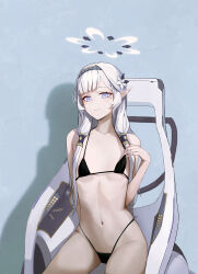  1girl 20cnanmin absurdres bare_arms bare_shoulders bikini bikini_pull black_bikini black_hairband blue_archive blunt_bangs blush closed_mouth clothes_pull earclip flat_chest flower hair_flower hair_ornament hair_tubes hairband halo halterneck highleg highleg_bikini highres himari_(blue_archive) looking_at_viewer mole mole_under_eye navel pointy_ears powered_wheelchair ribbon simple_background sitting smile smug solo stomach string_bikini swimsuit wheelchair white_flower white_hair  rating:Sensitive score:38 user:danbooru