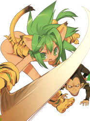 1girl animal_ears animal_hands animal_print ass blade_(galaxist) boomerang cat_ears cat_tail cham_cham gloves green_eyes green_hair highres loli long_hair monkey no_panties paku_paku paw_gloves paw_shoes queen&#039;s_blade queen&#039;s_gate samurai_spirits shoes simple_background snk tail tiger_print white_background rating:Questionable score:14 user:danbooru