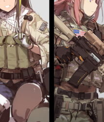  1girl ^_^ airsoft american_flag angled_foregrip ar-15 arm_up assault_rifle bandana binoculars black_gloves black_pantyhose blue_eyes brown_hair camcorder camouflage closed_eyes closed_mouth commentary cowboy_shot denim denim_shorts facing_viewer fangdan_runiu girls&#039;_frontline gloves green_hair grey_background gun hand_up handgun hands_up helmet holster laser_sight load_bearing_vest long_hair looking_to_the_side m4_carbine m4_sopmod_ii m4a1_(girls&#039;_frontline) military military_operator military_uniform mk_18_carbine multicolored_hair night_vision_device nightmaremk2 ocp_(camo) on_one_knee pantyhose parted_lips pink_hair profile rifle short_shorts shorts sidelocks simple_background smile solo squatting st_ar-15_(girls&#039;_frontline) streaked_hair thigh_holster thigh_strap trigger_discipline uniform v video_camera weapon woodland_camouflage 