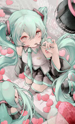  1girl absurdres birthday black_sleeves breasts character_doll commentary detached_sleeves eating fork green_eyes green_hair grey_shirt hatsune_miku heart highres holding holding_fork long_hair looking_at_viewer medium_breasts microphone necktie number_tattoo paper_heart pleated_skirt sheet_music shiiro_illust shirt skirt sleeveless sleeveless_shirt solo stuffed_toy tattoo thighhighs twintails utensil_in_mouth very_long_hair vocaloid wading zettai_ryouiki 