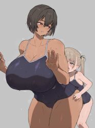  2girls age_difference black_hair blonde_hair blue_eyes breasts brown_hair competition_school_swimsuit dark-skinned_female dark_skin dry_humping frottage grinding height_difference highres humping implied_futanari kei_(m_k) large_breasts long_hair m_k multiple_girls onee-loli original red_eyes rika_(m_k) school_swimsuit short_hair simple_background size_difference standing sweat swimsuit tall tall_female tan tomboy twintails wife_and_wife yuri  rating:Questionable score:139 user:danbooru