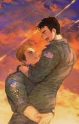  2boys carrying carrying_person chiyo_(miichiyochin) cloud commentary commentary_request couple evening fang highres holding long_sleeves looking_at_another male_focus military insignia military_uniform multiple_boys open_mouth outdoors pete_&quot;maverick&quot;_mitchell short_hair sideburns skin_fang smile solo_focus standing tom_cruise top_gun uniform united_states_navy yaoi 