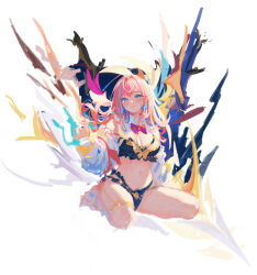  1girl absurdres azelweien bikini blue_eyes blush bow bowtie breasts cleavage closed_mouth collarbone commentary_request detached_collar highres large_breasts legs long_hair looking_at_viewer navel original panties pink_hair shirt sitting sketch solo swimsuit underwear 