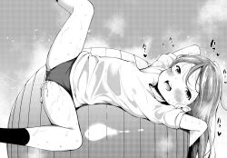  1girl aftersex airandou arms_up bad_id bad_twitter_id ball covered_erect_nipples cum cumdrip exercise_ball greyscale highres kneehighs loli long_hair monochrome nipples open_mouth panties pussy_juice socks spread_legs sweat underwear  rating:Explicit score:92 user:danbooru