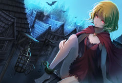  1girl bare_legs blonde_hair breasts cape chain cleavage closed_mouth dress long_hair night original outdoors red_cape red_dress red_eyes rooftop short_dress sitting sleeveless sleeveless_dress small_breasts solo straight_hair torn_cape torn_clothes ume_(illegal_bible) 