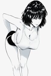 1girl absurdres bare_shoulders blunt_ends breasts cleavage collarbone come_hither covered_erect_nipples eyelashes fubuki_(one-punch_man) hand_on_own_ass highres large_breasts leaning_forward looking_at_viewer monochrome mostlybluewyatt one-punch_man open_mouth shirt short_hair short_shorts shorts simple_background sleeveless sleeveless_shirt solo standing white_background rating:Questionable score:75 user:danbooru