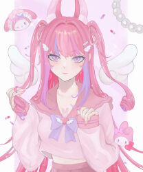 1girl absurdres angel_wings animal_ear_fluff animal_ears artist_name bow breasts closed_mouth collarbone colored_inner_hair commentary commission curly_hair detached_wings earrings eyelashes fingernails glitter hair_intakes hair_ornament hair_ribbon hairclip heart heart_earrings heart_in_eye highres jewelry light_blush light_smile long_hair long_sleeves looking_at_viewer maid_headdress medium_breasts midriff_peek mole mole_under_eye multicolored_hair my_melody nail_art nail_polish one_eye_closed onegai_my_melody original pill pink_background pink_bow pink_eyes pink_hair pink_nails pink_ribbon pink_sailor_collar pink_serafuku pink_skirt pink_theme purple_bow purple_hair rabbit_ears ribbon sailor_collar sanrio school_uniform serafuku shoujoblush skeb_commission skirt sleeves_past_wrists small_breasts solo streaked_hair symbol_in_eye twirling_hair two-tone_hair two_side_up white_background white_headdress white_wings wing_hair_ornament wings yume_kawaii