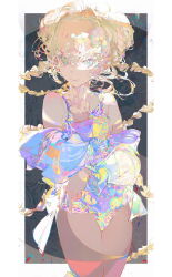 1girl black_background blonde_hair border braid breasts closed_mouth double_v highres iridescent jacket light_smile long_hair looking_at_viewer multicolored_clothes multicolored_eyes multicolored_jacket multicolored_swimsuit one-piece_swimsuit original outside_border see-through see-through_legwear small_breasts solo swimsuit taiki_(luster) twin_braids v white_border