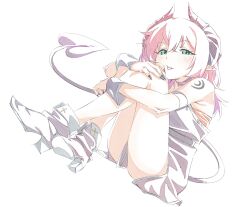  1girl :p blush boots demon_girl demon_horns demon_tail dress fingernails green_eyes high_heel_boots high_heels highres horns hugging_own_legs knees_to_chest long_fingernails long_hair looking_at_viewer original pink_hair pointy_ears sakuya_(saqu09307728) short_dress shoulder_tattoo simple_background sitting smile solo tail tattoo tongue tongue_out white_background wrist_cuffs 
