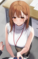  1boy 1girl black_jacket blush breasts brown_eyes brown_hair closed_mouth commentary_request desk hair_between_eyes highres indoors jacket lanyard large_breasts long_hair long_sleeves looking_at_viewer mole mole_on_arm mole_under_eye office office_lady ol-chan_(udon) original pantyhose paper pov shirt sleeveless sleeveless_shirt sleeveless_turtleneck smile table turtleneck udon_(udonalium) white_shirt 