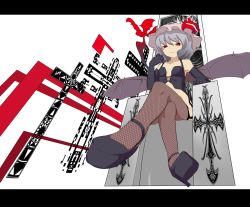  1girl bad_id bad_pixiv_id bat_wings crossed_legs elbow_gloves female_focus fishnet_thighhighs fishnets foreshortening from_below gloves grey_hair hamu_(i33095) hat letterboxed no_pants red_eyes remilia_scarlet shoes short_hair sitting solo thighhighs throne touhou wings  rating:Sensitive score:8 user:danbooru