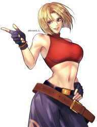  1girl blonde_hair blue_eyes blue_mary breasts denim fatal_fury fingerless_gloves garter_belt gloves highres jeans large_breasts legs looking_at_viewer midriff navel pants parted_lips pink_lips short_hair smile snk solo the_king_of_fighters thighs 