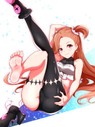  1girl barefoot blush brown_hair feet gems_company highres long_hair looking_at_viewer naninu_nene red_eyes shoes side_ponytail smile soles toes unworn_shoes virtual_youtuber 