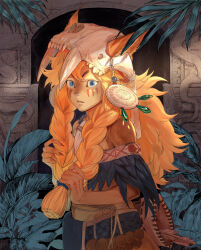  1boy :3 androgynous animal_ears animal_skull arrow_(projectile) bare_shoulders beads blonde_hair blue_eyes body_fur braid brown_fur brown_nails coin_(ornament) cowboy_shot ears_through_headwear facial_mark fingernails furry furry_male gate gem green_gemstone hat_ornament highres holding holding_hair jewelry karana_cat long_hair male_focus midriff necklace off_shoulder original parted_lips plant quiver rope sharp_fingernails side_braid skull_on_head snout solo statue sunlight tooth_necklace twin_braids vines 