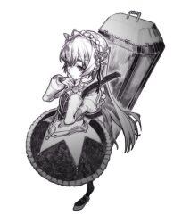  1girl absurdres butterfly_hair_ornament chaika_trabant coffin dress frilled_dress frills greyscale hair_between_eyes hair_ornament hairband highres hitsugi_no_chaika juliet_sleeves lolita_fashion lolita_hairband long_hair long_sleeves monochrome puffy_sleeves simple_background solo white_background zero808w 