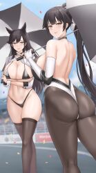  2girls absurdres animal_ears ass atago_(azur_lane) atago_(stunning_speedster)_(azur_lane) azur_lane back backboob backless_outfit bikini black_bikini black_gloves black_hair black_leotard black_thighhighs blue_sky blush bow breasts brown_eyes brown_pantyhose brown_thighhighs choker cleavage commentary confetti dog_ears elbow_gloves extra_ears fingerless_gloves floppy_ears gloves hair_bow highleg highleg_leotard highres holding holding_umbrella huge_breasts leotard long_hair long_sleeves looking_at_viewer looking_back micro_bikini multiple_girls navel official_alternate_costume outdoors pantyhose parasol ponytail race_queen racetrack ribbon sama_samasa shrug_(clothing) skindentation sky smile swept_bangs swimsuit takao_(azur_lane) takao_(full_throttle_charmer)_(azur_lane) thighhighs thong thong_bikini two-tone_gloves two-tone_leotard umbrella white_bow white_gloves white_leotard white_ribbon wrist_cuffs yostar 