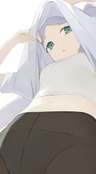  1girl black_pantyhose breasts clothes_lift elf frieren green_eyes grey_hair highres hiroki_(yyqw7151) lifted_by_self looking_at_viewer midriff navel open_mouth panties panties_under_pantyhose pantyhose pointy_ears shirt shirt_lift simple_background small_breasts solo sousou_no_frieren thick_eyebrows underwear upshirt white_background white_shirt 