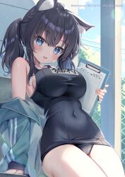  1girl :d absurdres animal_ear_fluff animal_ears bare_shoulders black_hair black_one-piece_swimsuit blue_eyes breasts cat_ears clipboard commentary_request covered_navel grey_jacket hair_between_eyes highres holding jacket large_breasts long_hair looking_at_viewer name_tag natsuki_marina off_shoulder old_school_swimsuit one-piece_swimsuit open_mouth original school_swimsuit smile solo swimsuit twintails  rating:Sensitive score:13 user:danbooru