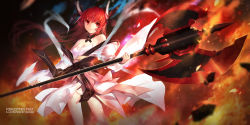 10s 1girl axe bare_shoulders battle_axe date_a_live detached_sleeves dress hair_ribbon highres horns huge_weapon itsuka_kotori layered_dress looking_at_viewer panties red_eyes red_hair ribbon solo swd3e2 underwear weapon white_panties wide_sleeves rating:Sensitive score:11 user:danbooru