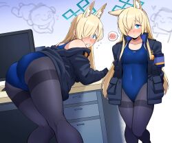  1boy 1girl absurdres animal_ear_fluff animal_ears armband ass blonde_hair blue_archive blue_eyes blue_one-piece_swimsuit blush breasts commission desk dog_ears doodle_sensei_(blue_archive) embarrassed extra_ears hair_over_one_eye halo highres jacket kanna_(blue_archive) kurozu_(crozu) long_hair multiple_boys one-piece_swimsuit open_clothes open_jacket pantyhose pantyhose_under_swimsuit sensei_(blue_archive) sharp_teeth skeb_commission small_breasts sweatdrop swimsuit teeth  rating:Sensitive score:20 user:danbooru