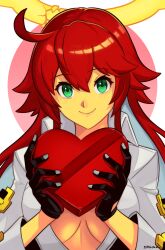  1girl absurdres ankh_necklace artist_name belt black_gloves bodysuit box breasts broken_halo cleavage colored_inner_hair front_slit gift gloves green_eyes guilty_gear guilty_gear_strive hair_between_eyes halo happy_valentine heart heart-shaped_box highres holding holding_gift jack-o&#039;_valentine large_breasts long_hair multicolored_hair red_hair smgold solo spiked_halo too_many too_many_belts valentine very_long_hair white_bodysuit white_hair 