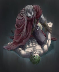  1990s_(style) 2boys abs bad_id bad_pixiv_id cape chrono_(series) chrono_trigger clothed_on_nude frog_(chrono_trigger) glenn gloves green_hair hamawata hamawata_(laudanum) holding_another&#039;s_wrist long_hair lying magus_(chrono_trigger) male_focus multiple_boys muscular on_back pointy_ears pushing retro_artstyle short_hair straddling yaoi  rating:Questionable score:8 user:danbooru