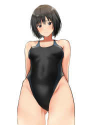  1girl absurdres amagami arms_behind_back black_hair black_one-piece_swimsuit breasts brown_eyes competition_swimsuit cowboy_shot from_below highleg highleg_swimsuit highres looking_at_viewer nanasaki_ai one-piece_swimsuit short_hair simple_background small_breasts solo swimsuit white_background yoo_tenchi  rating:Sensitive score:16 user:danbooru