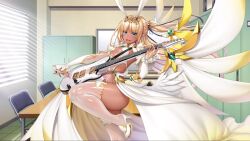  1girl aoi_nagisa_(metalder) ass bare_legs bed bedroom blonde_hair blue_eyes blush breasts cameltoe capelet curvy dark-skinned_female dark_skin electric_guitar fake_wings fingernails futaba_lili_ramses guitar hair_ribbon hand_on_own_hip hands_on_own_hips highleg highleg_leotard highres holding holding_guitar holding_instrument huge_ass instrument leotard lilith-soft long_hair looking_at_viewer magical_girl revealing_clothes ribbon screencap see-through see-through_leotard small_breasts standing taimanin_(series) taimanin_rpgx tentacle_and_witches thong_leotard twintails wide_hips wings 