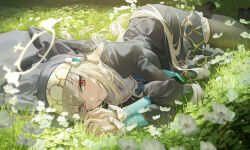 1girl black_dress black_thighhighs blue_archive blush breasts closed_mouth coif commentary_request day dress field flower flower_field grass grey_hair habit hair_between_eyes halo highres large_breasts long_hair looking_at_viewer lying nun on_ground on_side outdoors puffy_sleeves red_eyes sakurako_(blue_archive) smile solo thighhighs ttk_(kirinottk) very_long_hair white_flower 