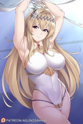  1girl antenna_hair armpits arms_up aslindsamure bare_shoulders blonde_hair breasts cleavage gradient_background granblue_fantasy highres jeanne_d&#039;arc_(granblue_fantasy) large_breasts lingerie long_hair looking_at_viewer narrow_waist one-piece_swimsuit purple_eyes solo swimsuit thighs underwear white_one-piece_swimsuit wide_hips  rating:Questionable score:29 user:squiglybob13
