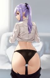  1girl ass black_panties blouse blurry blurry_background clothes_pull depth_of_field duplicate elf highres houtengeki looking_back original panties pointy_ears ponytail purple_hair red_eyes shirt solo standing underwear white_shirt  rating:Questionable score:48 user:DartAnyan
