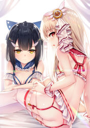 2girls :d alternate_costume arm_support ass back bare_shoulders black_hair blonde_hair blue_bow blunt_bangs blush bow bra breasts brown_eyes closed_mouth commentary_request detached_collar fate/kaleid_liner_prisma_illya fate_(series) frills from_behind garter_straps hair_bow hair_ornament hairclip illyasviel_von_einzbern loli long_hair looking_at_viewer magical_ruby magical_sapphire microskirt miyu_edelfelt multiple_girls open_mouth panties panty_pull ponytail reclining red_eyes revision sidelocks skirt small_breasts smile star_(symbol) thighhighs underwear white_bra white_legwear white_panties white_skirt yan_(nicknikg) yellow_eyes rating:Questionable score:87 user:danbooru