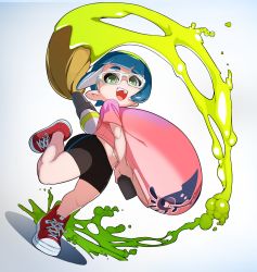  1girl absurdres bike_shorts blue_hair bouncing_breasts breasts gigantic_breasts glasses green_eyes highres inkling_player_character loli naze nintendo oppai_loli paint paintbrush pointy_ears print_shirt shirt shoes sneakers solo splatoon_(series) tentacle_hair  rating:Questionable score:79 user:animeboy12