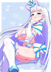  1girl adapted_costume alternate_breast_size aqua_bow aqua_bowtie areola_slip bikini blue_crown blue_eyes blue_footwear blue_hairband blunt_bangs bow bowtie breasts crossed_legs crown cure_nyammy earrings frilled_thighhighs frills hair_bow hairband half-closed_eyes hand_on_own_arm heart high_heels highres jewelry large_breasts long_hair looking_at_viewer magical_girl mini_crown nekoyashiki_yuki parted_lips pink_bow pouch precure ryuuta_(cure_ryuuta) showgirl_skirt sitting smile solo swimsuit thighhighs tilted_headwear very_long_hair white_bikini white_hair white_thighhighs wonderful_precure! 