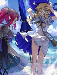  2girls absurdres aesc_(fate) aesc_(rain_witch)_(fate) ahoge bag baobhan_sith_(fate) baobhan_sith_(swimsuit_pretender)_(fate) baobhan_sith_(swimsuit_pretender)_(second_ascension)_(fate) beach_umbrella black_skirt blonde_hair blue_dress blue_eyes blue_sailor_collar braid breasts capelet closed_eyes closed_umbrella dress ebora fang fate/grand_order fate_(series) grey_capelet handbag hat highres legs long_hair mother_and_daughter multicolored_clothes multicolored_dress multiple_girls ocean one_eye_closed open_mouth outdoors panties panty_peek pink_hair pointy_ears ponytail purple_shirt round_eyewear sailor_collar shirt sidelocks skirt smile twin_braids umbrella underwear water white_dress witch_hat 